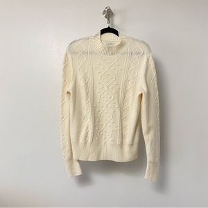 Lucky Brand Casual Chic Preppy Cable Knit Puff Pom Mock Neck Ivory Sweater Large